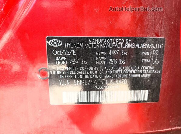 5NPE24AF5HH518470 2017 HYUNDAI SONATA Red Vista del compartimento del motor