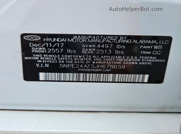 5NPE24AF5JH678659 2018 HYUNDAI SONATA White Widok naklejki z numerem VIN
