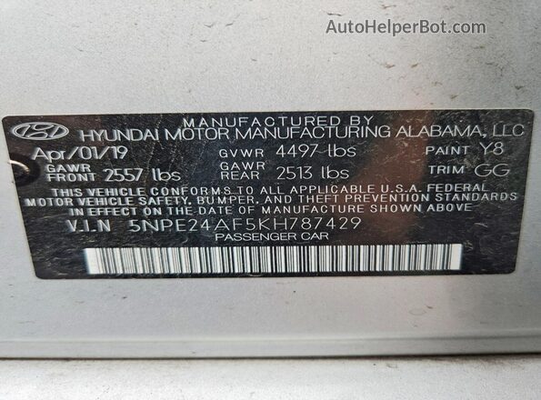 5NPE24AF5KH787429 2019 HYUNDAI SONATA Silver Вид підкапотного простору