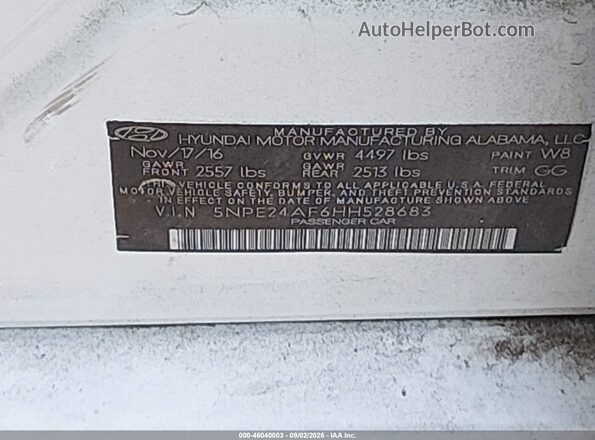 5NPE24AF6HH528683 2017 HYUNDAI SONATA White ძრავის განყოფილების ხედი