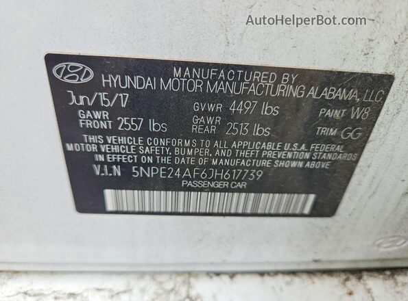 5NPE24AF6JH617739 2018 HYUNDAI SONATA White Vista de la etiqueta del VIN