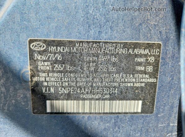 5NPE24AF7HH530314 2017 HYUNDAI SONATA Blue Widok komory silnika