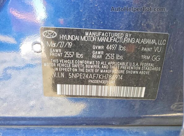5NPE24AF7KH786914 2019 HYUNDAI SONATA Blue Vista del compartimento del motor
