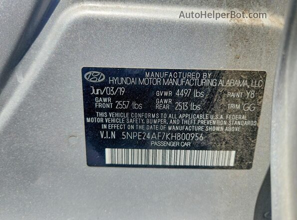 5NPE24AF7KH800956 2019 HYUNDAI SONATA Silver Vista de la etiqueta del VIN