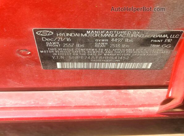 5NPE24AF8HH541452 2017 HYUNDAI SONATA Red Вид підкапотного простору