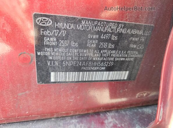 5NPE24AF8HH563239 2017 HYUNDAI SONATA Red Շարժիչի բաժամունքի տեսք