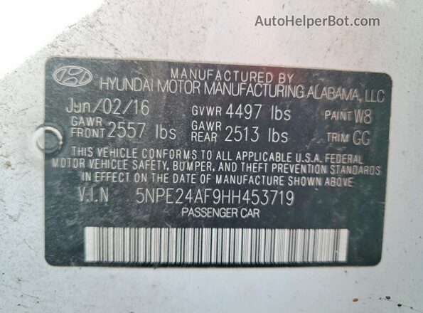 5NPE24AF9HH453719 2017 HYUNDAI SONATA White Engine compartment view
