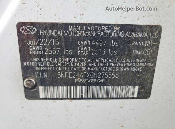 5NPE24AFXGH275558 2016 HYUNDAI SONATA White Вид підкапотного простору