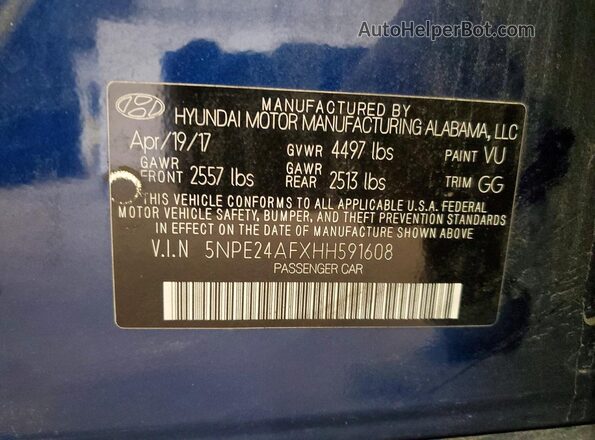 5NPE24AFXHH591608 2017 HYUNDAI SONATA Blue Вид підкапотного простору