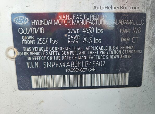 5NPE34AB0KH745602 2019 HYUNDAI SONATA Белый Вид подкапотного пространства