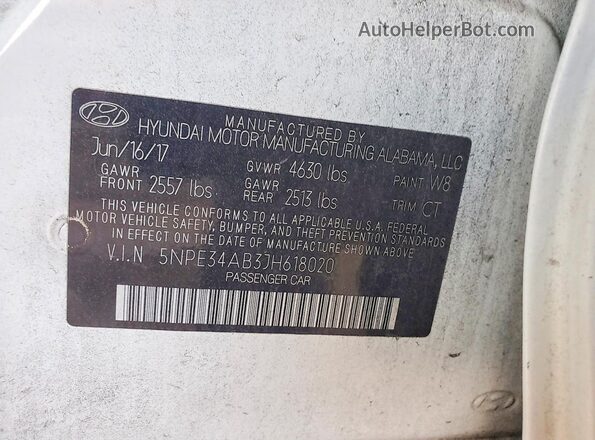 5NPE34AB3JH618020 2018 HYUNDAI SONATA White ძრავის განყოფილების ხედი