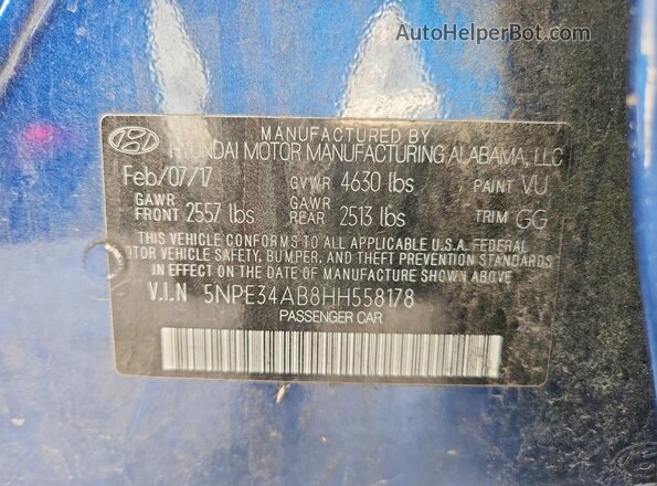 5NPE34AB8HH558178 2017 HYUNDAI SONATA Blue Widok komory silnika