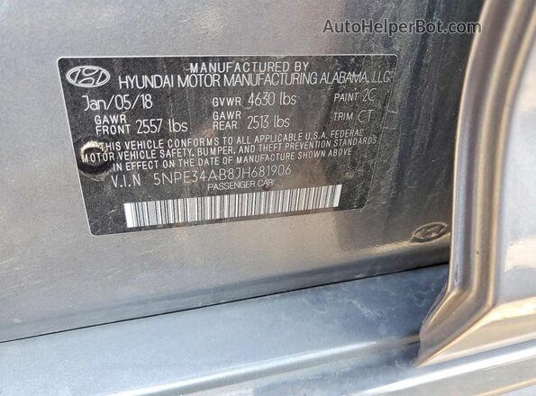 5NPE34AB8JH681906 2018 HYUNDAI SONATA Charcoal Vista del compartimento del motor
