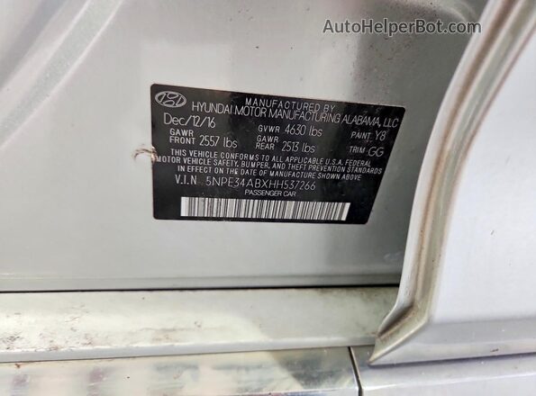 5NPE34ABXHH537266 2017 HYUNDAI SONATA Серебряный Вид подкапотного пространства