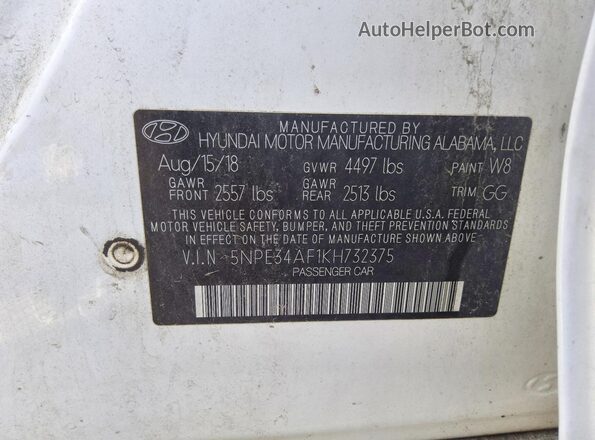 5NPE34AF1KH732375 2019 HYUNDAI SONATA White ძრავის განყოფილების ხედი