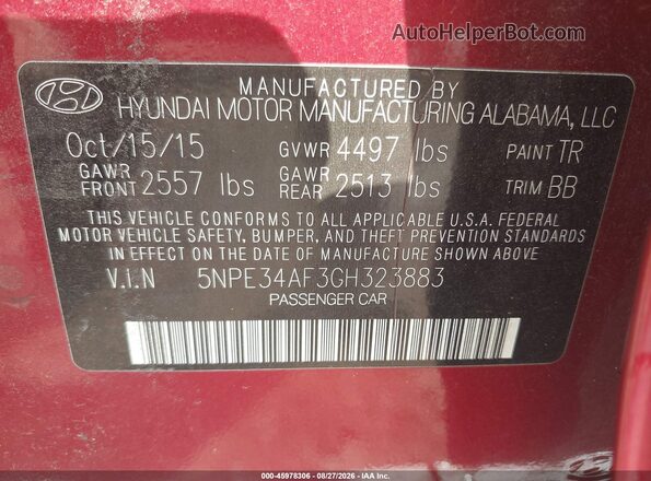 5NPE34AF3GH323883 2016 HYUNDAI SONATA Maroon Vista del compartimento del motor