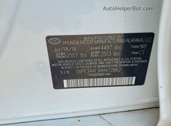 5NPE34AF3HH472862 2017 HYUNDAI SONATA White Widok komory silnika