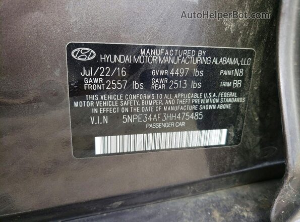 5NPE34AF3HH475485 2017 HYUNDAI SONATA Gray Widok komory silnika
