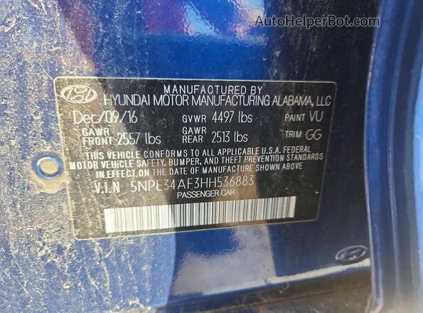 5NPE34AF3HH536883 2017 HYUNDAI SONATA Blue Vista del compartimento del motor