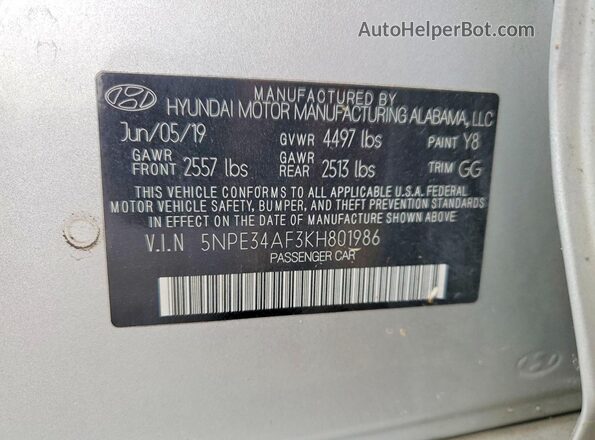 5NPE34AF3KH801986 2019 HYUNDAI SONATA Silver Widok komory silnika