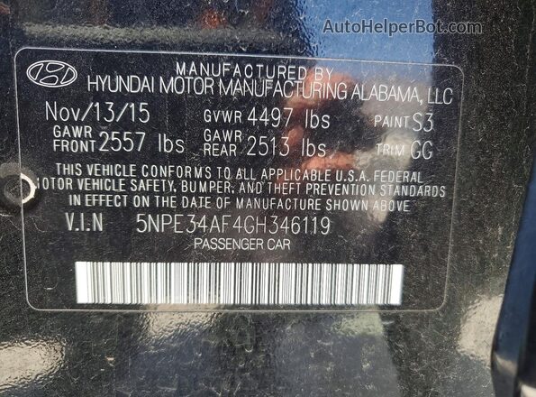 5NPE34AF4GH346119 2016 HYUNDAI SONATA Black Engine compartment view