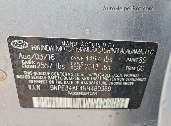 5NPE34AF4HH480369 2017 HYUNDAI SONATA Silver Вид підкапотного простору