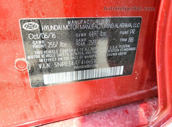 5NPE34AF4HH510065 2017 HYUNDAI SONATA Red Widok komory silnika