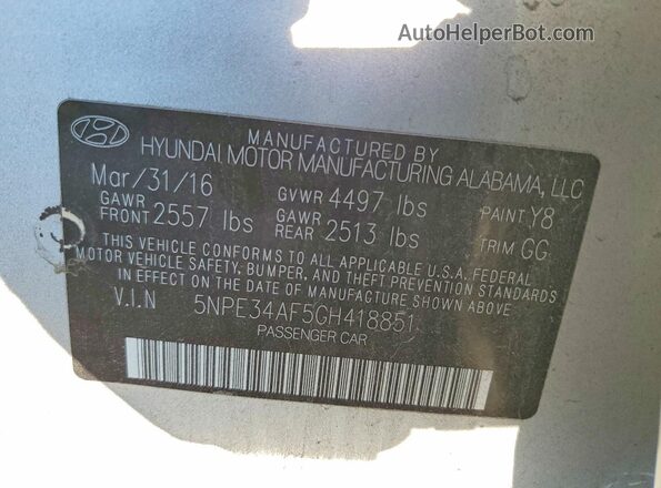 5NPE34AF5GH418851 2016 HYUNDAI SONATA Silver Vista del compartimento del motor