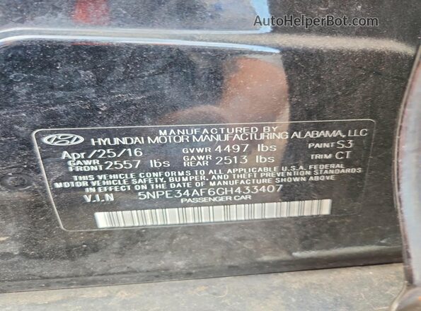 5NPE34AF6GH433407 2016 HYUNDAI SONATA Черный Вид подкапотного пространства