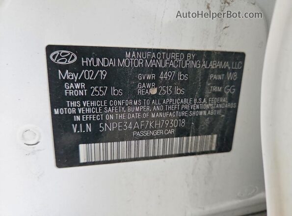 5NPE34AF7KH793018 2019 HYUNDAI SONATA White ძრავის განყოფილების ხედი