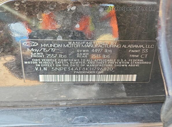 5NPE34AF8KH796820 2019 HYUNDAI SONATA Black Vista del compartimento del motor