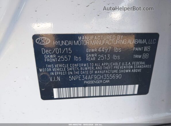 5NPE34AF9GH355690 2016 HYUNDAI SONATA White ძრავის განყოფილების ხედი