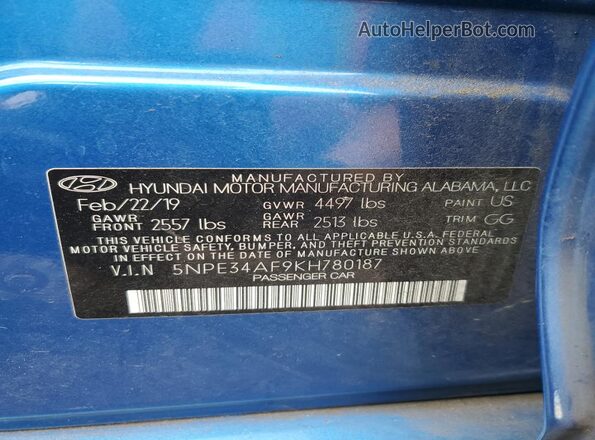 5NPE34AF9KH780187 2019 HYUNDAI SONATA Синий Вид подкапотного пространства