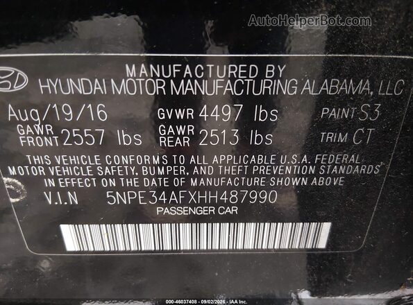 5NPE34AFXHH487990 2017 HYUNDAI SONATA Black Engine compartment view