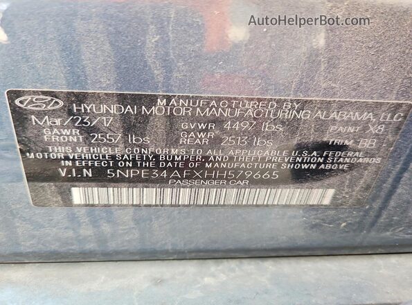 5NPE34AFXHH579665 2017 HYUNDAI SONATA Turquoise Vista del compartimento del motor