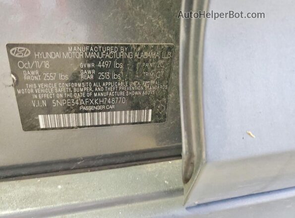 5NPE34AFXKH748770 2019 HYUNDAI SONATA Gray Vista del compartimento del motor