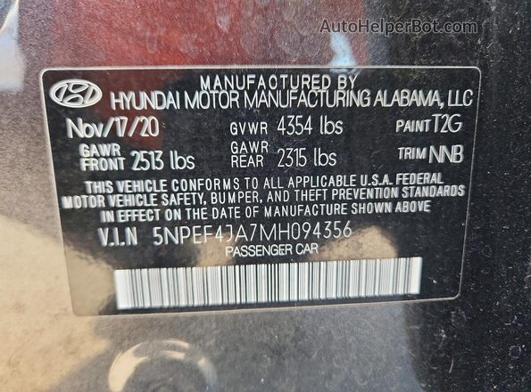 5NPEF4JA7MH094356 2021 HYUNDAI SONATA Gray Вид наклейки з VIN-кодом