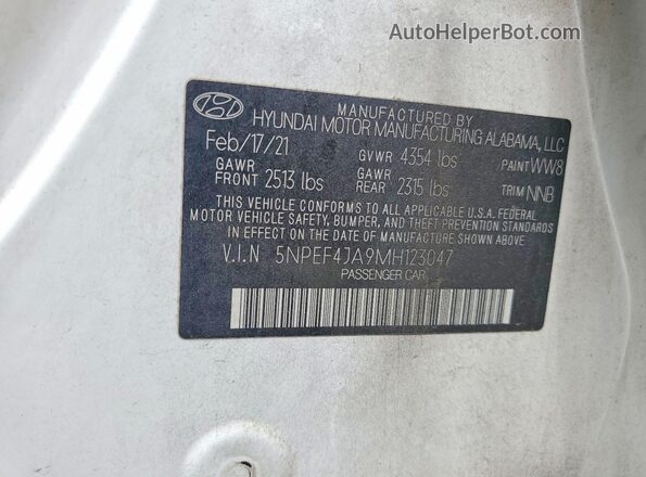 5NPEF4JA9MH123047 2021 HYUNDAI SONATA White VIN կոդի պիտակի տեսք