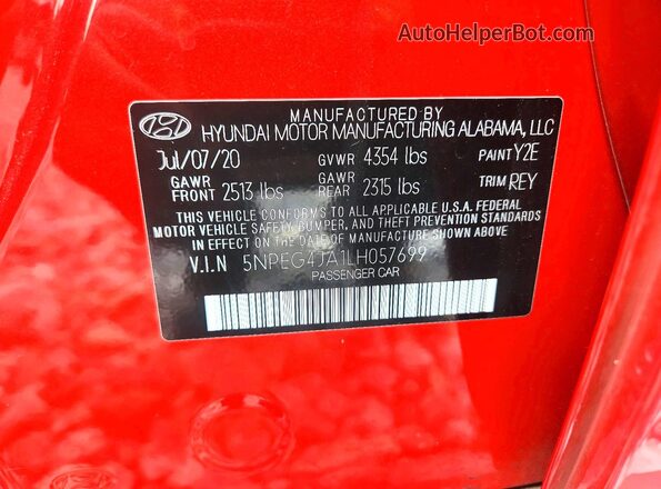 5NPEG4JA1LH057699 2020 HYUNDAI SONATA Red Вид підкапотного простору