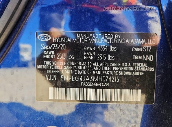 5NPEG4JA3MH074215 2021 HYUNDAI SONATA Blue ძრავის განყოფილების ხედი