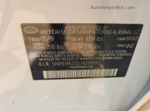 5NPEH4J20LH009083 2020 HYUNDAI SONATA White Вид підкапотного простору