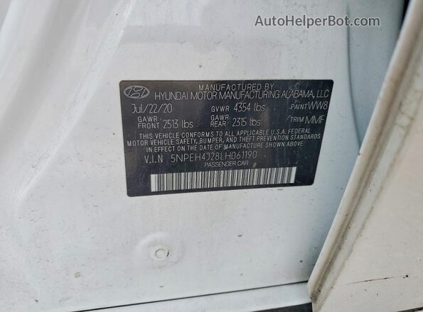 5NPEH4J28LH061190 2020 HYUNDAI SONATA White Вид підкапотного простору