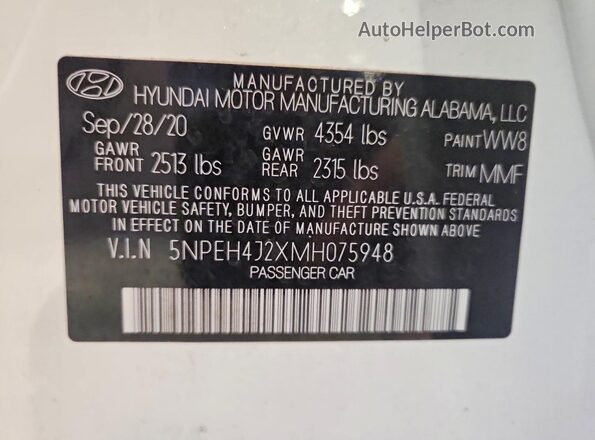 5NPEH4J2XMH075948 2021 HYUNDAI SONATA White VIN կոդի պիտակի տեսք
