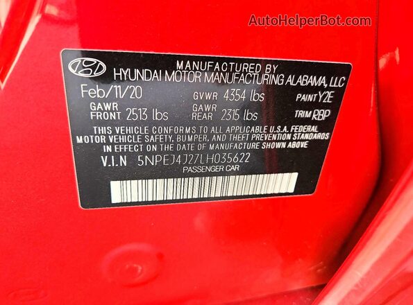 5NPEJ4J27LH035622 2020 HYUNDAI SONATA Maroon VIN sticker view