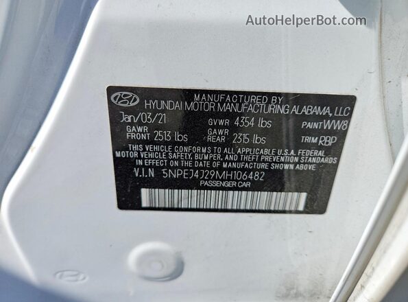 5NPEJ4J29MH106482 2021 HYUNDAI SONATA White Շարժիչի բաժամունքի տեսք
