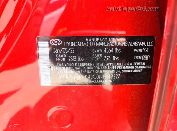 5NPEK4JC0NH149227 2022 HYUNDAI SONATA Red Widok komory silnika
