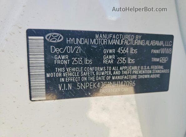 5NPEK4JC1NH147096 2022 HYUNDAI SONATA White Widok naklejki z numerem VIN