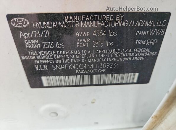 5NPEK4JC4MH130923 2021 HYUNDAI SONATA White Widok komory silnika