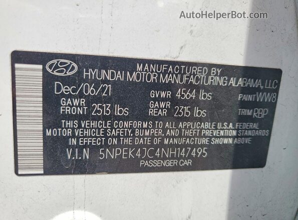 5NPEK4JC4NH147495 2022 HYUNDAI SONATA White Vista del compartimento del motor