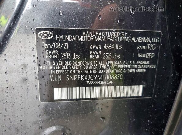 5NPEK4JC9MH108870 2021 HYUNDAI SONATA Gray ძრავის განყოფილების ხედი